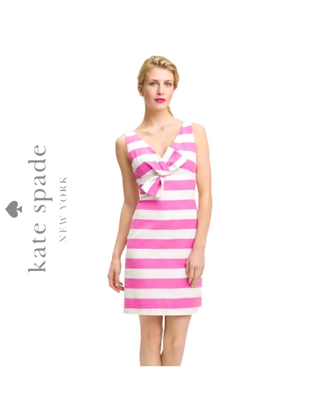 Kate Spade Pink and White Striped V-Neck Bow Shift Dress